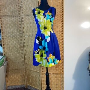 Vince Camuto Blue Yellow V-Neck Mini Sundress